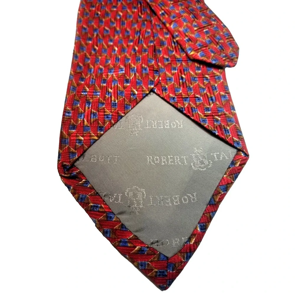 Robert‎ Talbott Red Geometric Foulard Print Blue Brown Pointed Tie USA